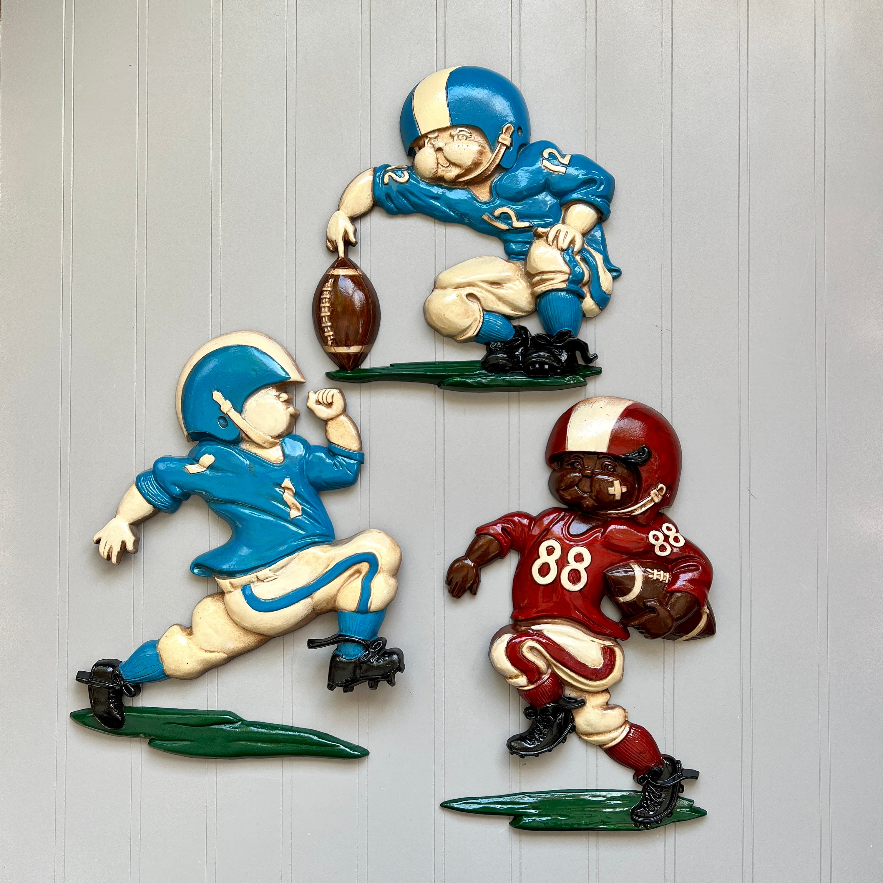 1976 HOMCO CAST METAL Football Players Vintage Set of 3 Wall