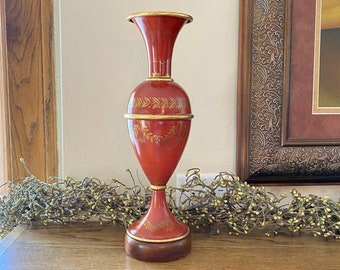 Vintage ENAMELED METAL VASE With Wood Base 13-1/2" H Brick Red Burnt Orange, Gilded Trim and Gold Leaf Vine, Trumpet Style