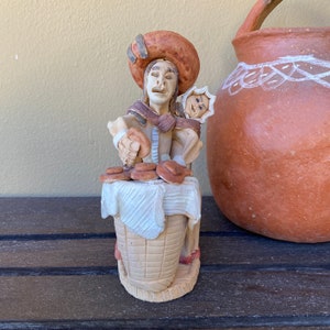 1980 PERUVIAN Clay Woman and Baby Figure On Back, Market Vendor Selling Rounds of Bread, Hand Crafted Folk Art Pottery From Cusco Peru