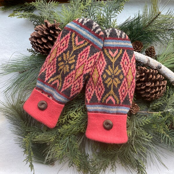 RECYCLED Felted WOOL Sweater MITTENS, Coral Brown, Fleece-Lined Mittens, Button Cuffs, Upcycled Women or Teen Gift, Bernie Mittens, Size Med