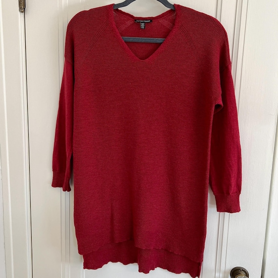 Eileen Fisher, Vtg EILEEN FISHER Brick Red Sweater, Italian Wool Yarn, Lightweight Ribbed A-Line Tunic Top, Cuffed Long Sleeve, V-Neck Pullover, Size M/M