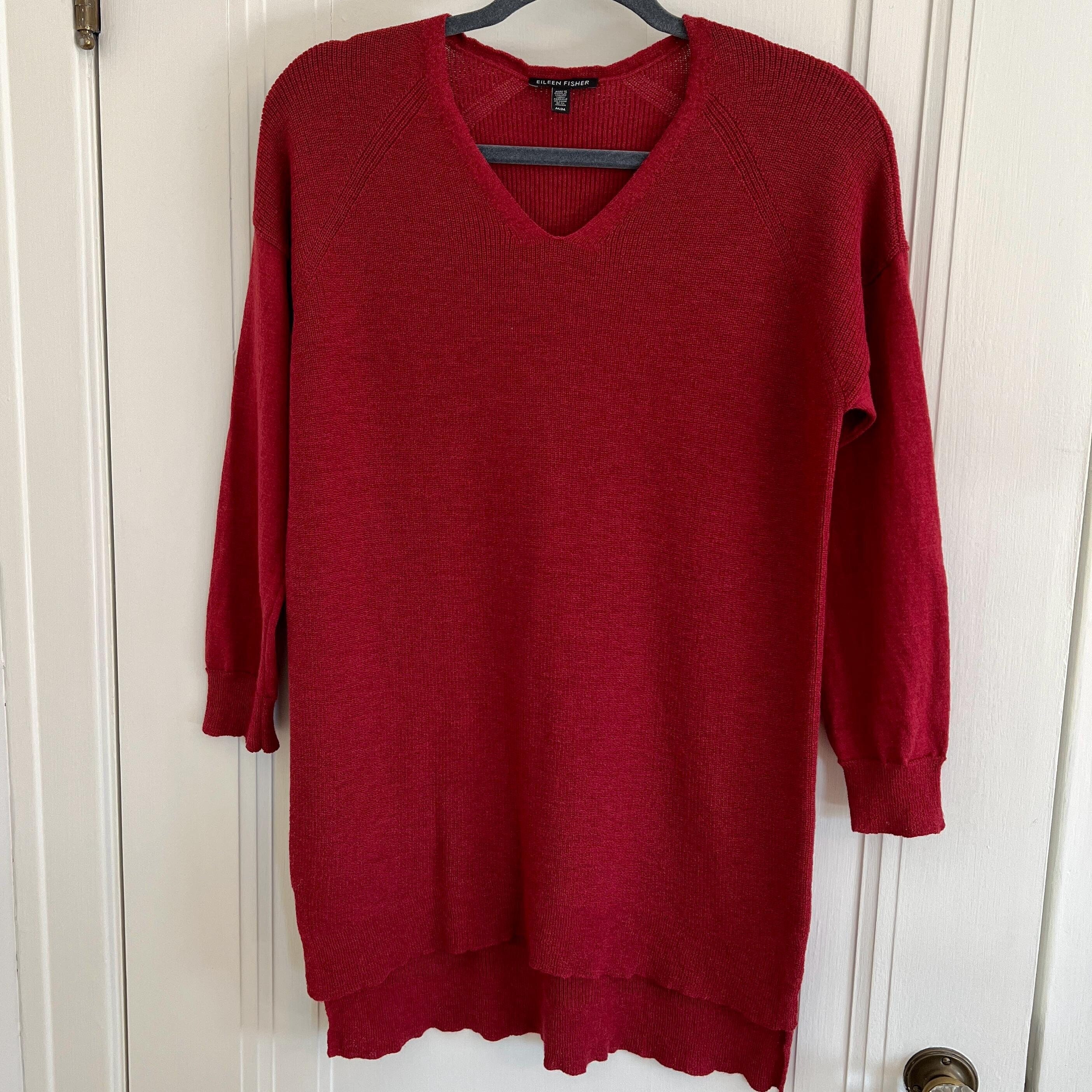 Eileen Fisher, Vtg EILEEN FISHER Brick Red Sweater, Italian Wool Yarn, Lightweight Ribbed A-Line Tunic Top, Cuffed Long Sleeve, V-Neck Pullover, Size M/M