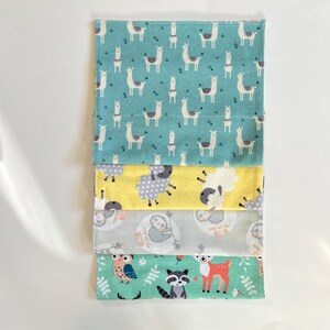 BABY Unisex BURP CLOTHS 4-Pack 100% Cotton Flannel, Soft, Colorful, Reversible, Absorbent, Llamas Lambs Sloths Woodland Animals Polka Dots