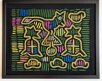 Vtg MOLA KUNA Abstract Wolf Fox Applique Folk Art, 21" x1 7" Embroidery Patchwork Fiber Art Framed Wall Decor, Traditional Panama Textile