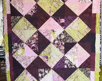 PATCHWORK QUILT Personal Size Throw 46 x 58" Machine Pieced and Quilted, Plum Purple Pink Green All-Cotton, Cozy Blanket Gift for Her NEW!