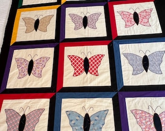 Vintage APPLIQUE QUILT Butterfly, Queen Full, Unfinished Needs to Be Quilted or Tied, Green Yellow Red Black Cotton 60x80" Cottage Bedspread
