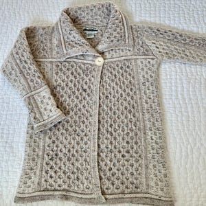 Vintage ARAN CRAFTS Oatmeal Wool Knit Cardigan Coat Sweater, High Collar, 1 Large Button Closure, 100% Merino Wool, Womens Size S/M