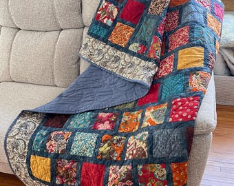 PATCHWORK QUILT 62x72” Handmade Modern Jewel Tones & Blue Cotton Print Fabrics, Personal Size Quilt, Housewarming or Birthday Gift NEW!