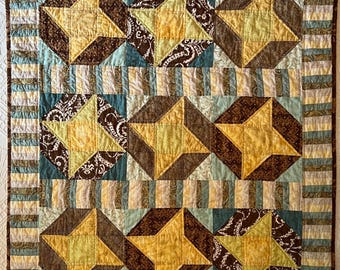 PATCHWORK QUILT for Baby, Lap Floor or Wall Hanging 30 x 35" Brown Yellow Ivory and Teal, Machine Pieced and Quilted, All-Cotton NEW!