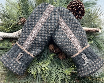WOOL Sweater MITTENS Rustic, Charcoal Gray & Tan, Fleece Lined, Cowboy Boots Button Cuffs, Upcycled Recycled Handmade Gift  for Her, Size M