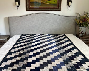 PATCHWORK QUILT 57” x 77” Handmade, Navy & Cream, Full or Twin Size Bedspread or Personal Size Blanket, Couch Throw, Housewarming Gift NEW!