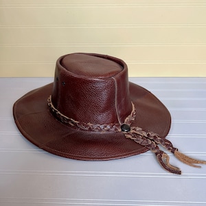 Vintage BROWN LEATHER HAT,  Aussie Outback Safari Western Cowboy Hat, Buffalo Hide?, 3&quot; Brim Braided Hatband w/ Tails, Cowgirl Hat, Size Med