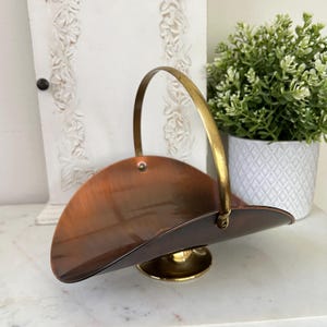 Vintage COPPERCRAFT GUILD Burnished Copper Basket with Brass Handle, 7" H Mini Fireplace Accessory