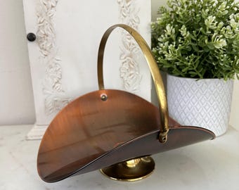 Vintage COPPERCRAFT GUILD Burnished Copper Basket with Brass Handle, 7" H Mini Fireplace Accessory