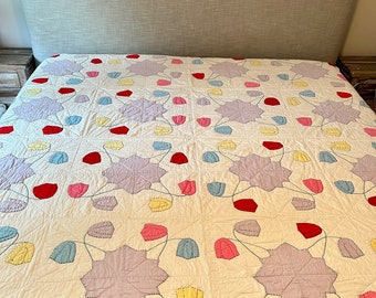 Vintage FLORAL APPLIQUE QUILT 83&quot; x 83&quot; King/Queen, White Red Lilac Yellow Blue Pink, Hand Quilted & Appliqued, Cotton Patchwork Bedspread