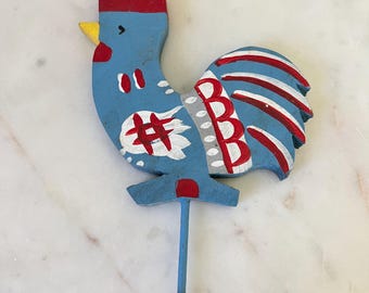 Vintage SWEDISH DALA Rooster, 4" Wooden Scandinavian Folk Art, Collectible Sweden Souvenir, Blue Red White Dala Figurine On Stick