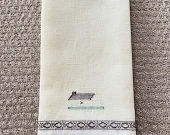 Vintage Guest or Kitchen Towel, Handwoven at Appalachian Folk School, Rustic Cottage Scene