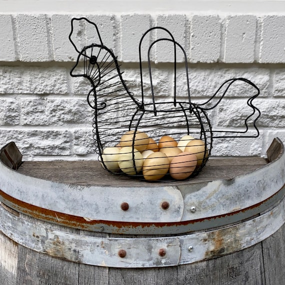 Vtg WIRE HEN BASKET & 12 Eggs, Black Wire Wrapped Chicken-shaped