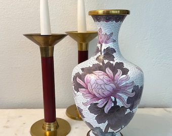 Vintage CHINESE Cloisonné Floral Enamel 9" Vase, Plum White Brass with Green Bird
