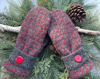 ALPACA & WOOL Sweater MITTENS Charcoal Gray and Red Nordic Design, Fleece-Lined, Large Button Cuffs, Upcycled Recycled Gift for Women Size M