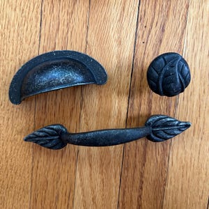 Vintage Cabinet Cupboard Dresser Knobs, Handles & Drawer Pulls, Leaf Design, Rustic Black on Silver, 42 Piece Set, Pewter?