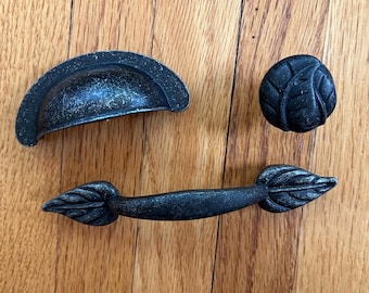 Vintage Cabinet Cupboard Dresser Knobs, Handles & Drawer Pulls, Leaf Design, Rustic Black on Silver, 42 Piece Set, Pewter?