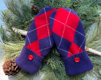 UPCYCLED WOOL Sweater MITTENS, Purple Red Black Argyle, Fleece Lined, Red Button Cuffs, Recycled Gift for Women or Teens, Size  S