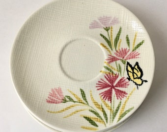 Vintage RED WING POTTERY Pink Spice #2117 6&quot; Saucer,  Butterfly & Pink Flowers, Red Wing Replacement China, Red Wing Dinnerware