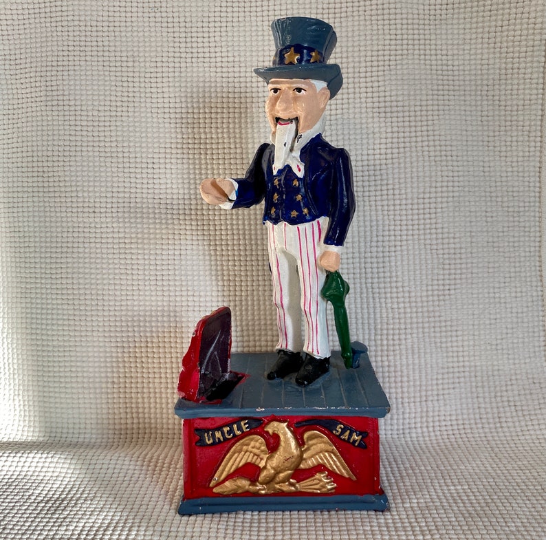 11 Working Reproduction Mechanical Coin Bank Patriotic Gift Vintage Cast Iron UNCLE SAM Bank Door Stop Push Nail Head /& Sam Drops Coin