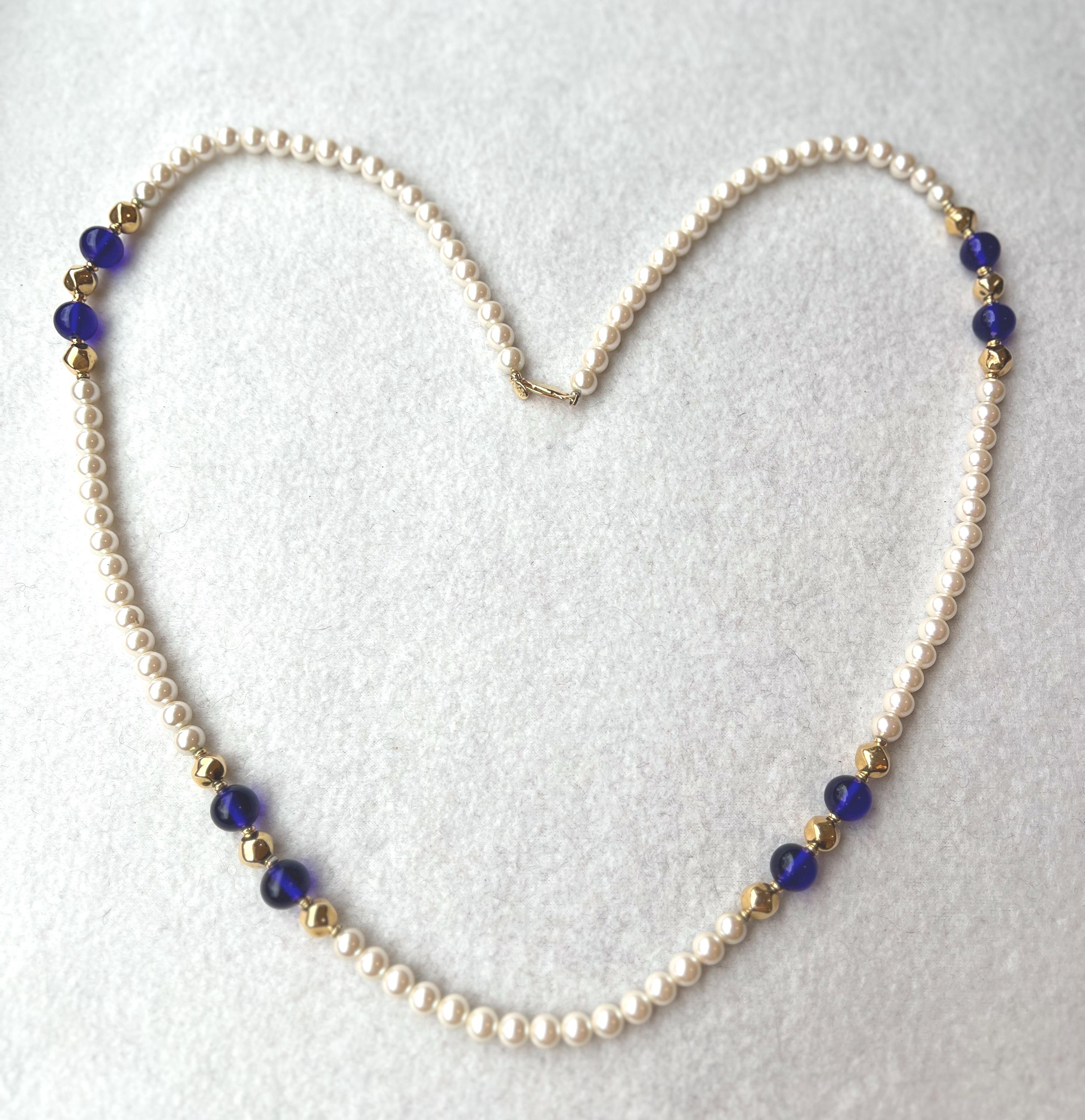 Vintage AFJ White Imitation Pearls, Blue Glass & Gold Toned Beads