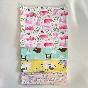 BABY GiRL BURP CLOTHS 4-Pack 100% Cotton Flannel, Soft, Colorful, Reversible, Absorbent, Bunnies Alphabet Lambs Hanging Sloths Polka Dots