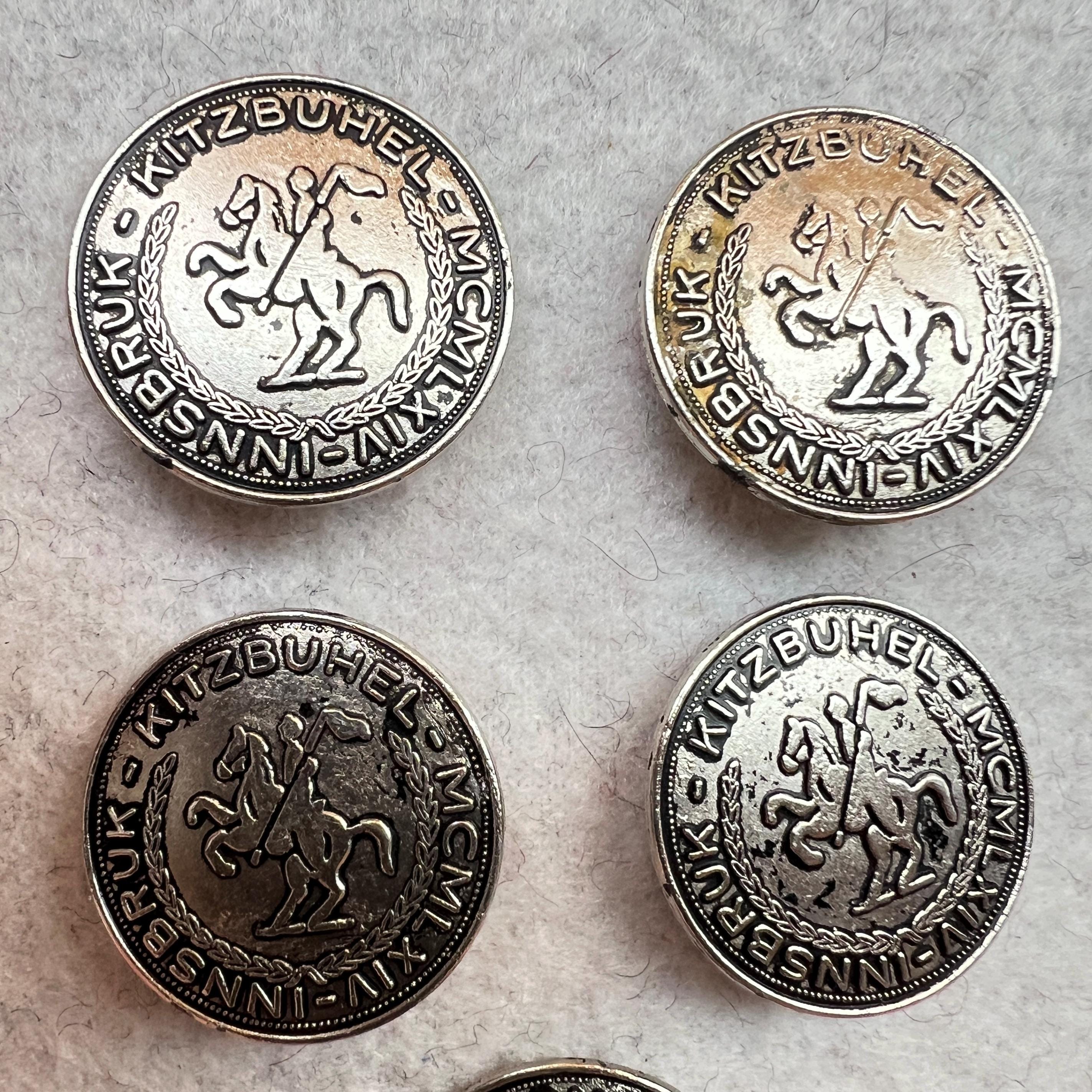 1964 INNSBRUK-KITZBUHEL MCMLXIV Set of 5 Silver Metal Buttons From