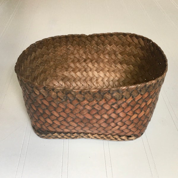 Antique JAPANESE MEIJI Style Period (1868-1912) Woven Basket Side Handles, 3-Color Herringbone Design, Old Asian Woven Wicker Handled Basket