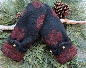 ALPACA & WOOL Sweater MiTTENS, Root-Red and Black, Textured Gold Ball Button Cuffs, Fleece-Lined, Upcycled Recycled Gift for Her, Size M