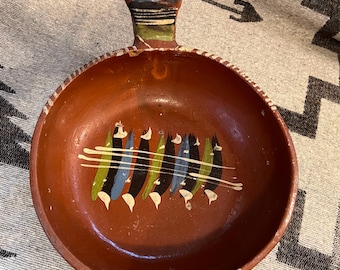 Vtg Mexican TLAQUEPAQUE Nesting Bowl Handled Redware Skillet, Decorative Folk Art Pottery, Mid Century Mexico Red Clay Ceramics 10&quot; Diameter