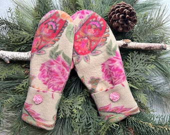 WOOL Sweater MITTENS, Multi Colored Paisley & Floral, Fleece Lined, Pink Rose Button Cuffs, Upcycled Recycled Handmade Gift for Her, Size M