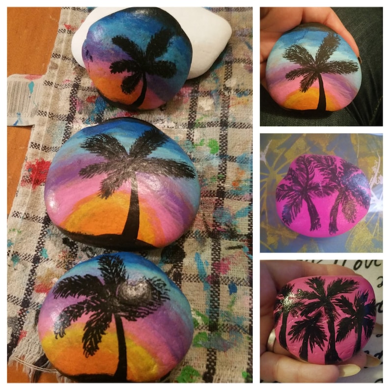 Palm Tree Painted rock Palm Tree Painted stone Sunset | Etsy