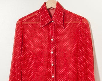 Vintage jaren '60 Pure Blouse Rood Wit Polka Dot Single Stitch Made in USA Retro Mod Hippie jaren 1960 Jaren 70 Disco Top Button Up Country Cowgirl Levis