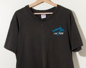 80s Surf Shop Single Stitch T-Shirt Distressed Worn to Perfection Faded Black Bleach Paint Spots Anvil Made in USA Stretched Neckline Hawaii