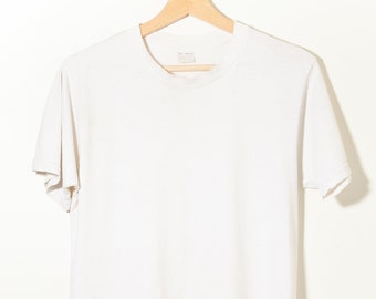 90s Vintage Distressed Blank White Cotton T-Shirt Made in USA Soft Tattered Minimal Undershirt