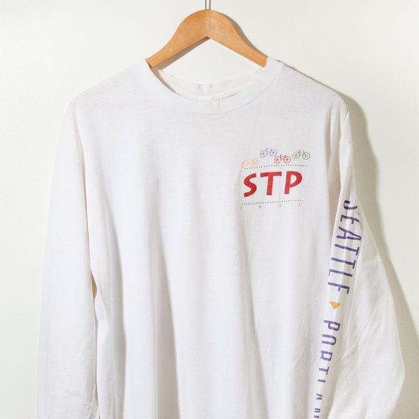 90s vintage STP Seattle à Portland Long Sleeve T-Shirt 1996 Cycling Large Thrashed Single Stitch Made in USA