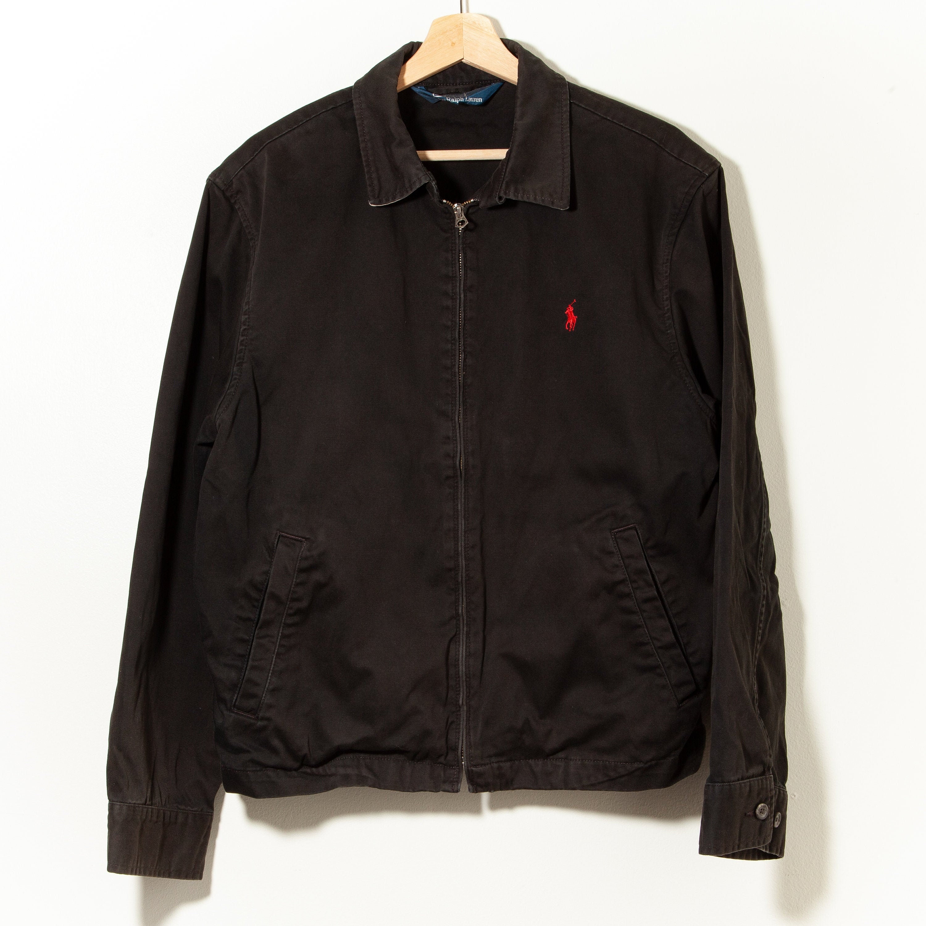 Vintage 1990s Ralph Lauren Polo Bomber Jacket Distressed Sun Faded Black Cotton