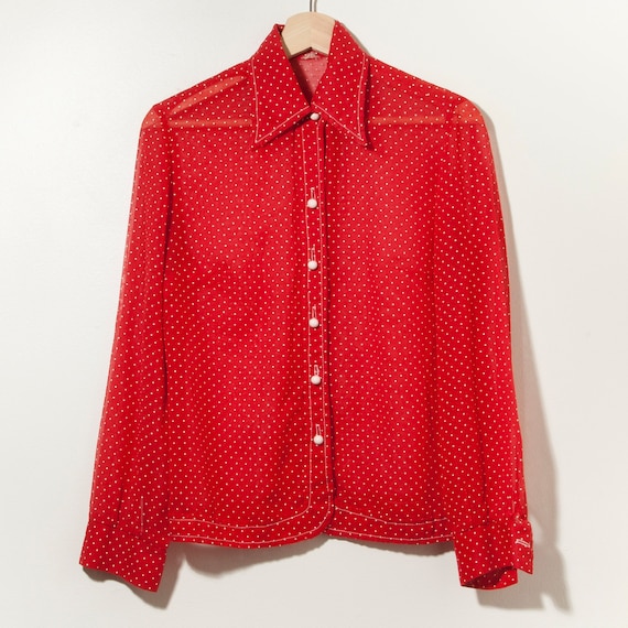 Vintage 60s Sheer Blouse Red White Polka Dot Sing… - image 1