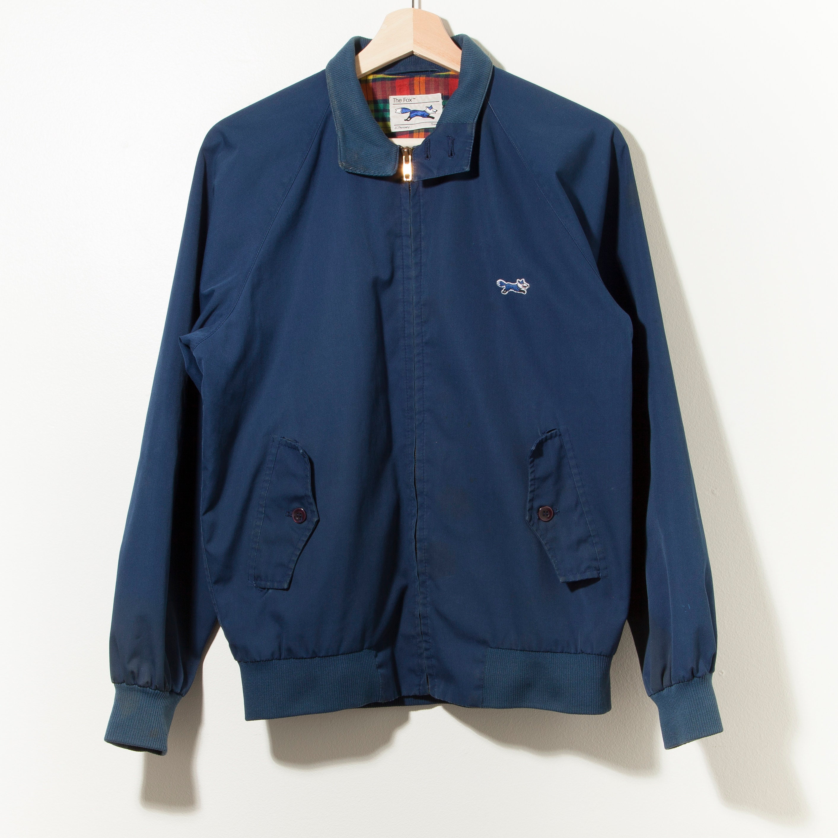 70s Vintage JC Penny Fox Coat Jacket Single Stitch Navy Blue Metal YKK Zipper Bomber Retro