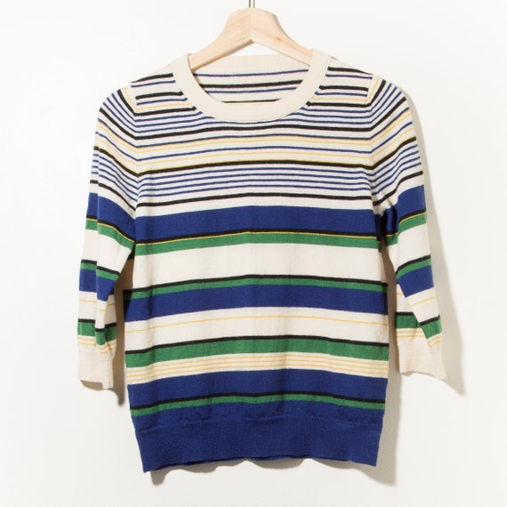 90s Stripped Sweater 3/4 Sleeve Distressed Retro … - image 1