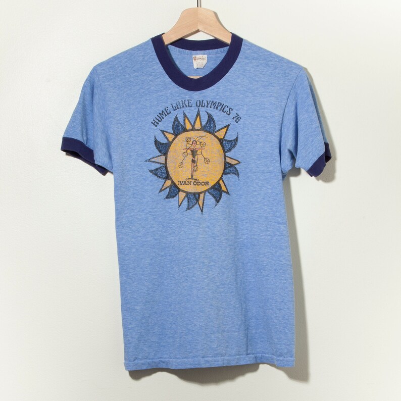 70s Ringer Tee Single Stitch T-shirt Distressed Blue Yellow | Etsy