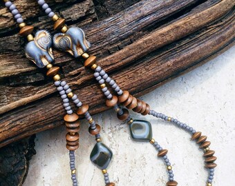 Boho Elephant Necklace: Czech Glass, Wood Bead, Long Animal Jewelry