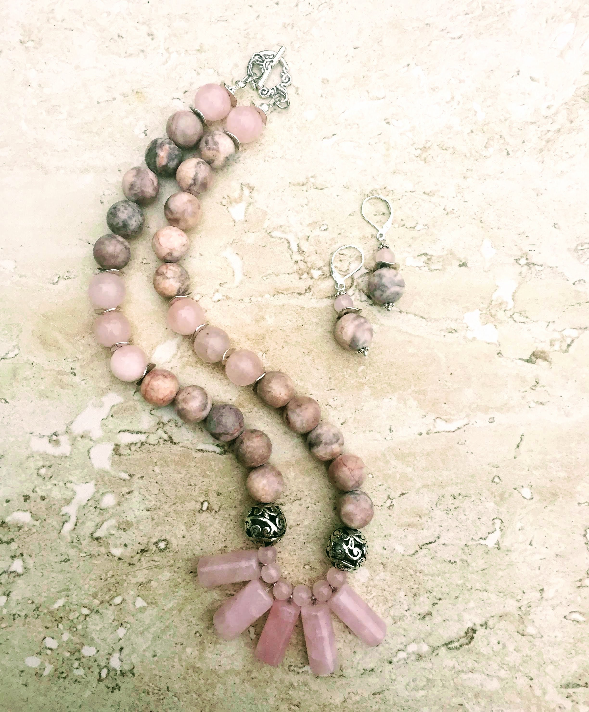 Pastel Soft Pink Gray Necklace Rose Quartz Rhodonite | Etsy