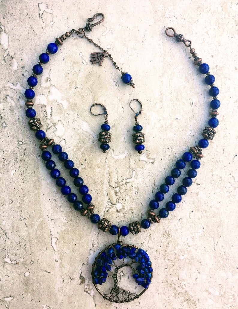 Lapis Lazuli Jewelry Tree Of Life Statement Necklace Blue Copper Necklace Dangle Earrings Zen Yoga Meditation Inspirational Gift For Women