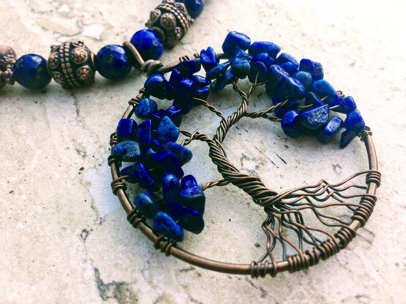 Lapis Lazuli Jewelry Tree Of Life Statement Necklace Blue Copper Necklace Dangle Earrings Zen Yoga Meditation Inspirational Gift For Women